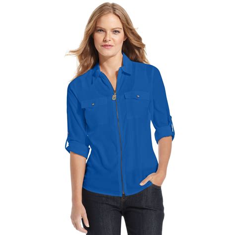 michael kors womens tide blue striped zip polo|Women's MICHAEL Michael Kors Blue Clothing .